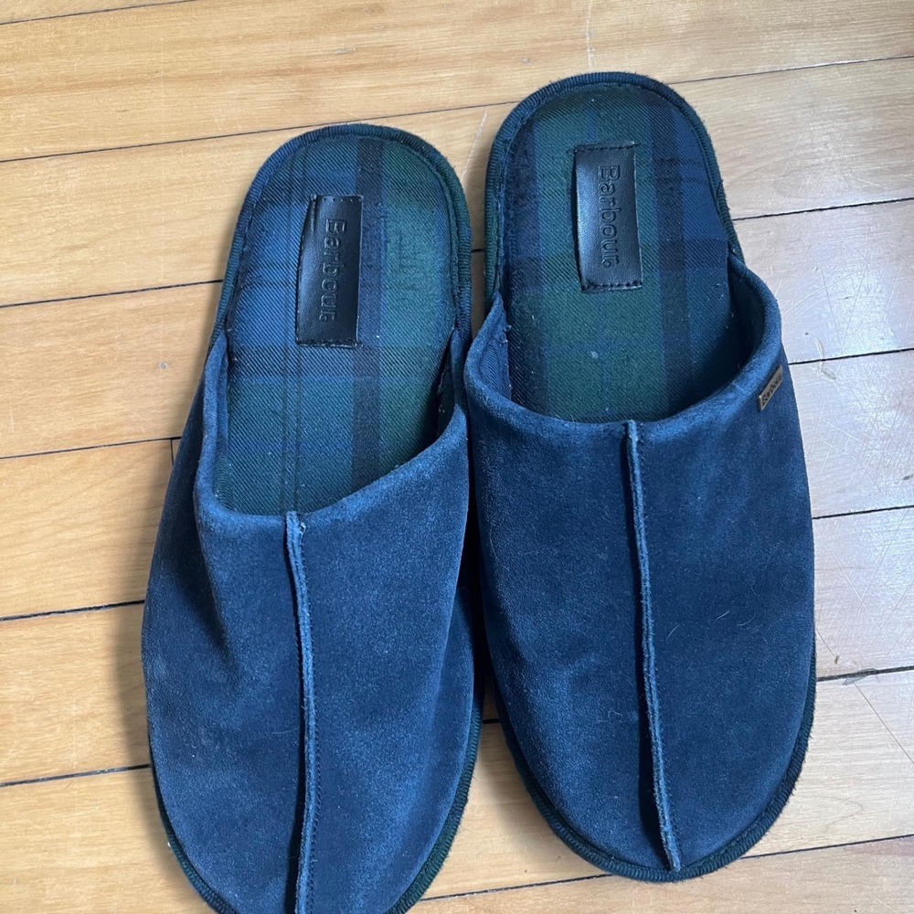Barbour Monty Mens Navy Blue Suede Tartan Lined Mule Slippers Size 11 M